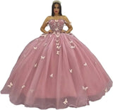 3D Butterfly Quinceanera Dress with Bow Train Spaghetti Strap Sweet 15 16 Ball Gowns Sparkly Vestido De 15 Años