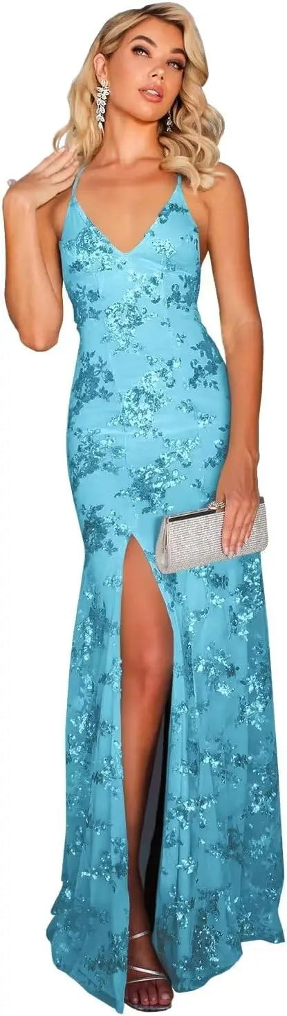 Vestidos de fiesta de sirena con encaje y lentejuelas sexys para mujer 2025, vestido formal de noche con tirantes finos largos y abertura de encaje brillante. 