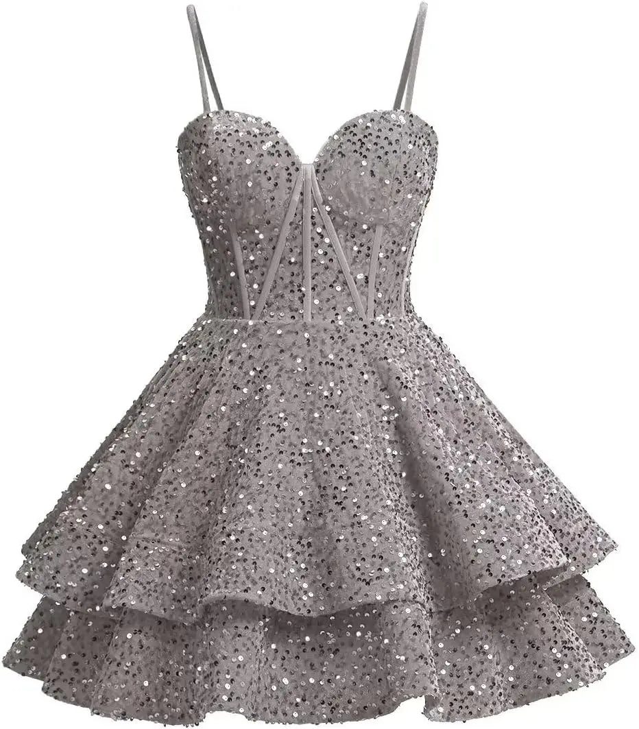 Vestidos de fiesta de graduación con lentejuelas brillantes para adolescentes, tirantes finos, corsé, vestido de cóctel con capas brillantes 