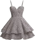 Vestidos de fiesta de graduación con lentejuelas brillantes para adolescentes, tirantes finos, corsé, vestido de cóctel con capas brillantes 