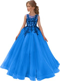 Festzugskleider für Mädchen, Spitzenapplikation, Blumenmädchenkleid, Tüll, Festzugskleid für Mädchen, lang, ärmellos, Prinzessinnen-Party-Ballkleid 