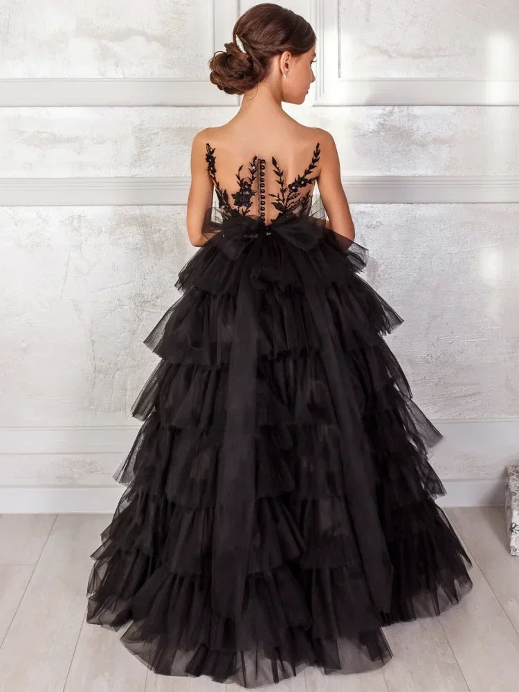 Lace Appliques Layered Sleeveless Girl Kids Birthday Ball Gown First Holy Communion Gowns Black Flower Girl Dresses for Wedding