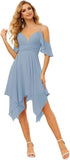 Women's Off Shoulder Chiffon Junior Bridesmaid Dresses Short Pockets Ruffle A Line Formal Dresses with Slit Wedding Party Gown