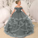 Grape Purple Floral Appliques Tiered With Trailing For Wedding Birthday Party Banquet Gown Customized Flower Girl Dresses
