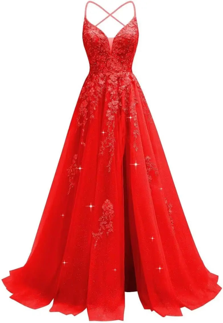 Tüll-Spitzen-Applikationen, Ballkleid, langes Ballkleid für Damen, Spaghettiträger, Korsett, rückenfreies Abendkleid 