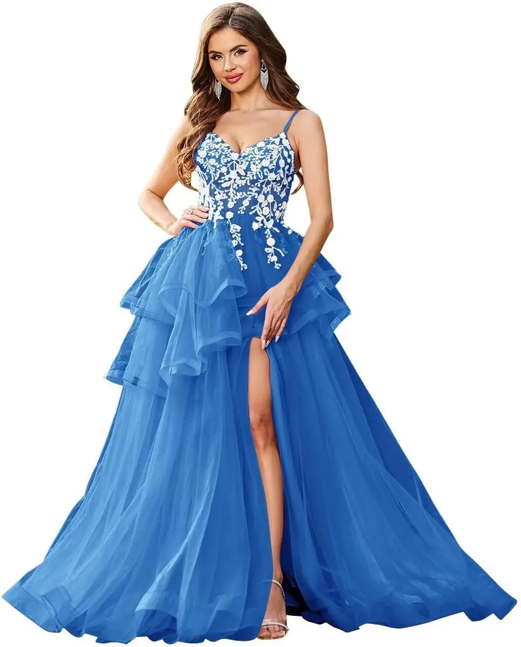 Vestidos de fiesta con apliques de encaje de tul y escote en V con abertura, vestidos de fiesta formales de noche con capas abullonadas, vestidos de baile largos 