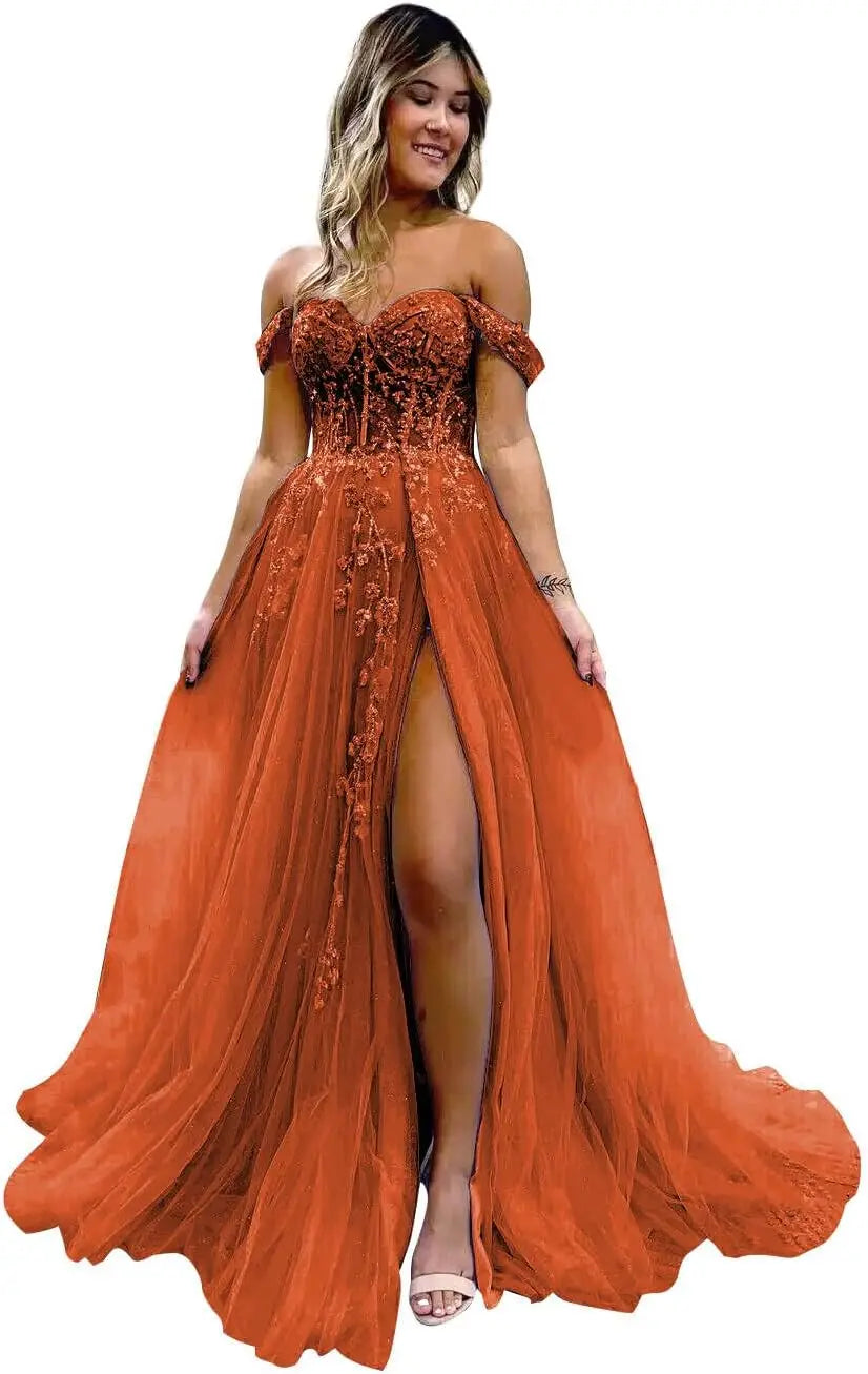 Vestido de fiesta de tul con hombros descubiertos, abertura, apliques de encaje brillante, corsé, vestido formal de fiesta de noche, vestidos de fiesta para mujer, noche 