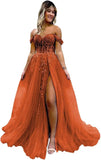 Vestido de fiesta de tul con hombros descubiertos, abertura, apliques de encaje brillante, corsé, vestido formal de fiesta de noche, vestidos de fiesta para mujer, noche 