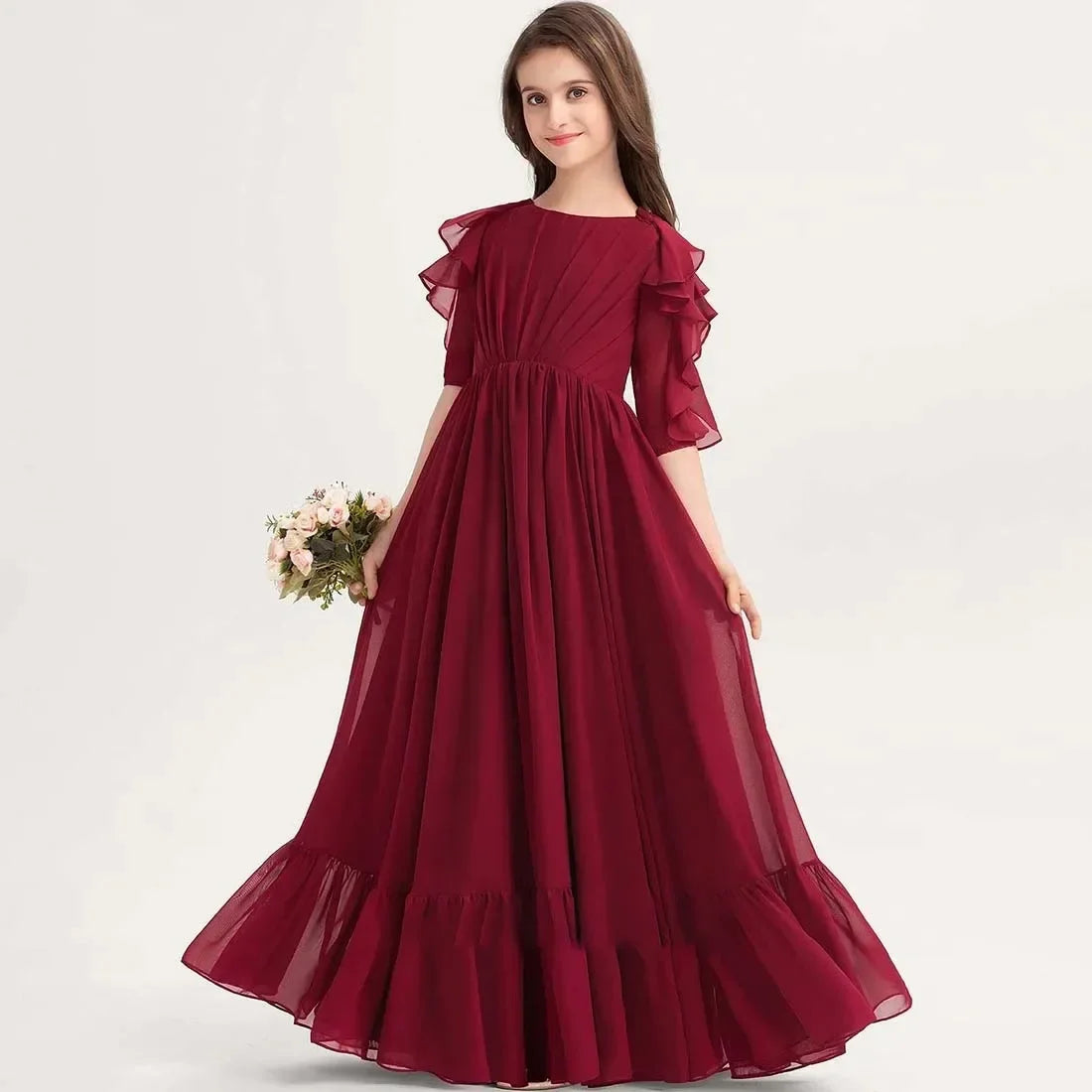 Rüschen Bodenlangen Elegante Puffy Mädchen Kinder Geburtstag Party Schöne Erstkommunion Kleider Rosa Blumenmädchen Kleider für Hochzeit 