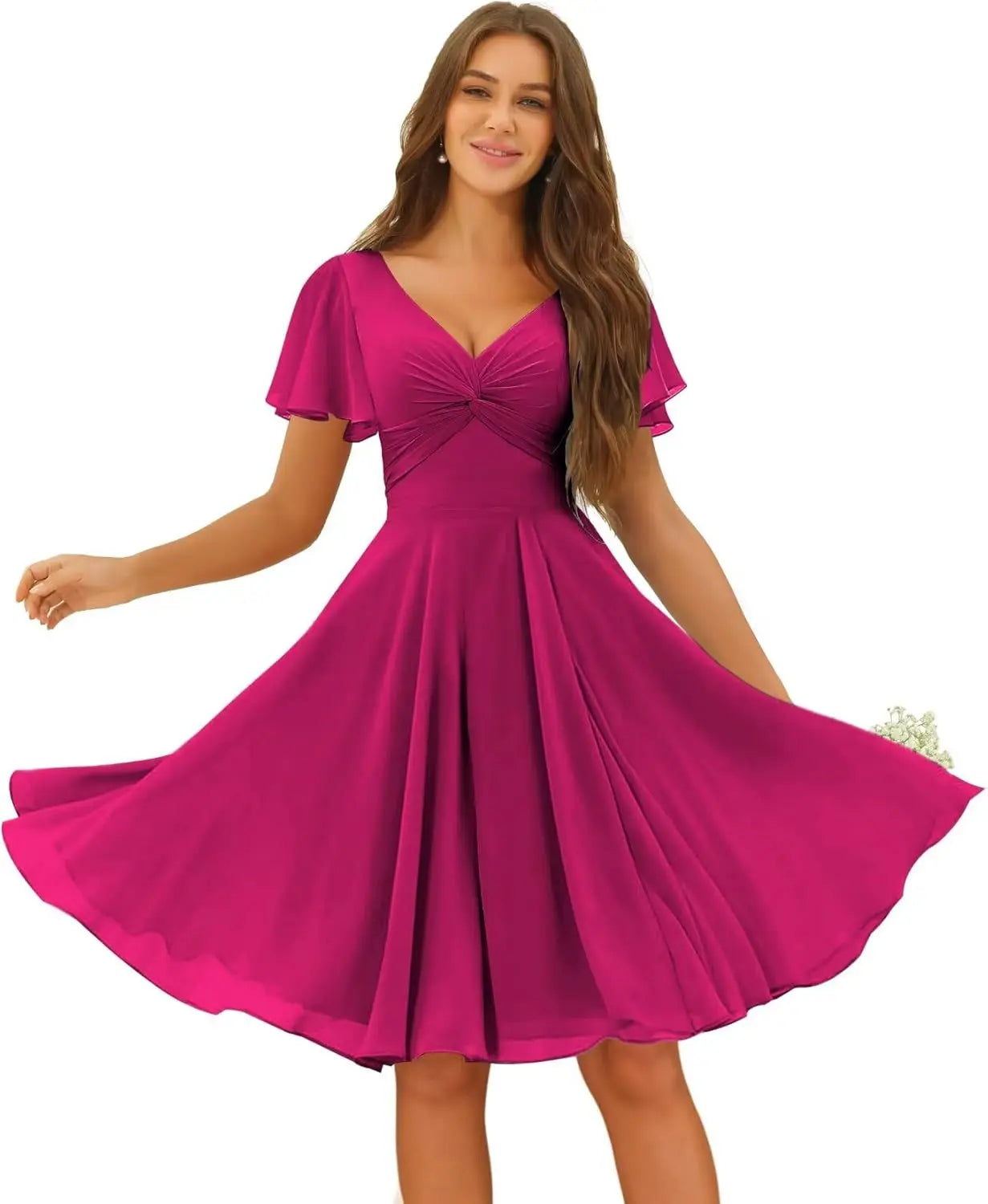 Women's Pleated Chiffon Flutter Sleeves Junior Bridesmaid Dresses with Pockets V Neck Short Formal Dress Wedding Party Gowns