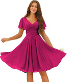 Women's Pleated Chiffon Flutter Sleeves Junior Bridesmaid Dresses with Pockets V Neck Short Formal Dress Wedding Party Gowns