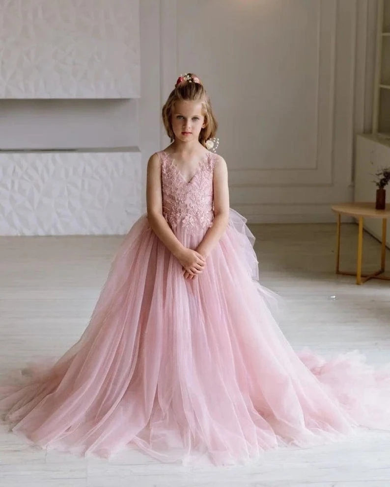 Vestido de princesa para niña de las flores, vestido rosa para bebé, vestidos de dama de honor junior, vestido largo de tul con tutú y encaje, vestidos de niña para bodas 
