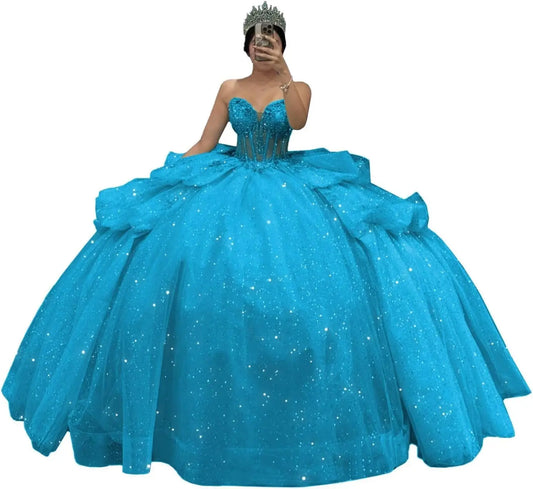 Puffy Tulle Quinceanera Dresses Ball Gown Strapless Long Sweet 16 Dress Sweetheart Sparkly Evening Gown ball gown dress