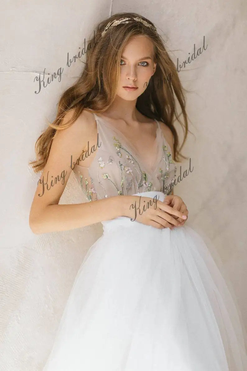 Vestido de novia de tul bordado, vestido de novia bohemio, vestido de novia de dos piezas, vestido de novia sencillo 