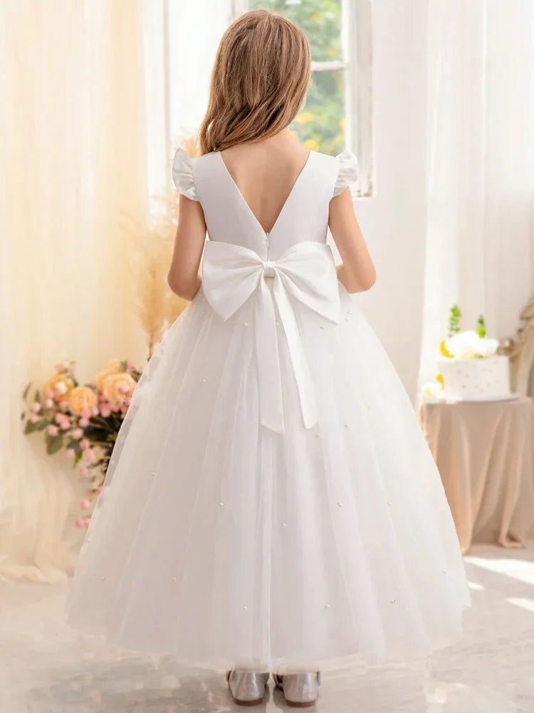 White Tulle Pearls Skirt With Bow Short Sleeve For Wedding Birthday Party First Communion Gowns Flower Girl Dress Princess Dress
