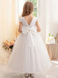 White Tulle Pearls Skirt With Bow Short Sleeve For Wedding Birthday Party First Communion Gowns Flower Girl Dress Princess Dress