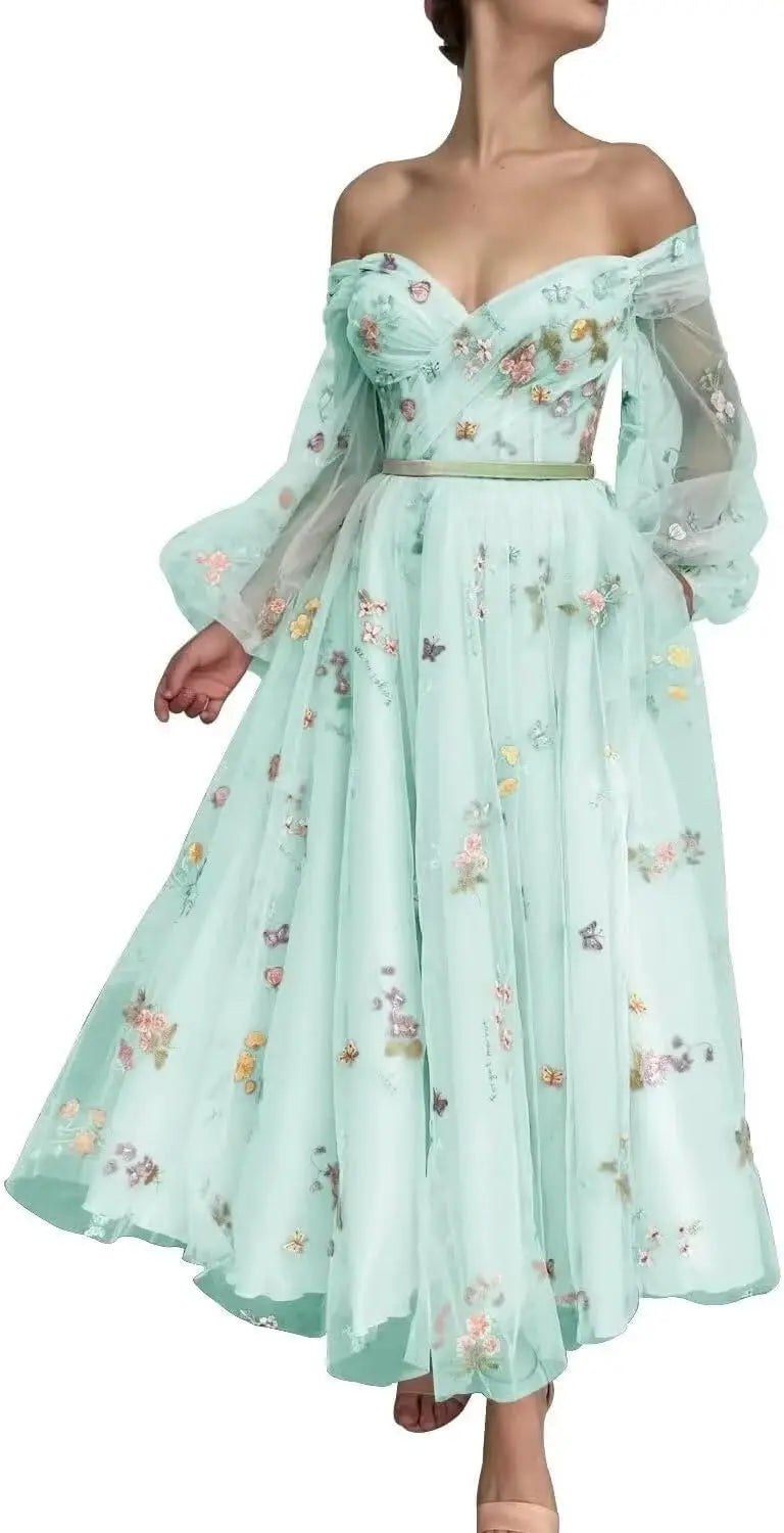 Bridesmaid Dress Long Sleeve Flower Embroidery Lace Tulle Prom Dresses for Women A Line Fairy Maxi Formal Evening Party Gowns