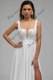 Chiffon Schlitz Brautkleid, Rückenloses Hochzeitskleid, Bestickte Spitze V-Ausschnitt Boho StrandHochzeitskleider Individuelles Hochzeitskleid 