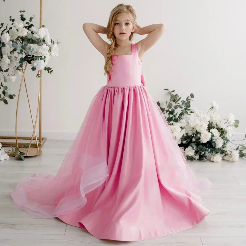 Geburtstagsfeier Bankett Prinzessin Kleider Blumenmädchenkleider Rosa Satin Solide Mit Tailing Und Bogen Ärmellos Für Hochzeit 