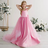 Geburtstagsfeier Bankett Prinzessin Kleider Blumenmädchenkleider Rosa Satin Solide Mit Tailing Und Bogen Ärmellos Für Hochzeit 