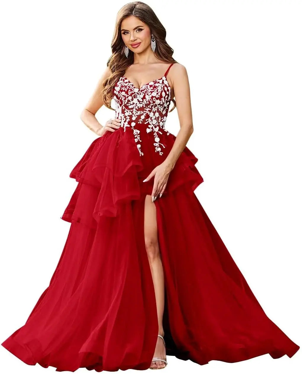 Vestidos de fiesta con apliques de encaje de tul y escote en V con abertura, vestidos de fiesta formales de noche con capas abullonadas, vestidos de baile largos 