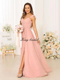 Women's Cap Sleeves Chiffon Bridesmaid Dresses Long with Pockets Ruffle Formal Evening Dresses with Slit Wedding Party Gowns