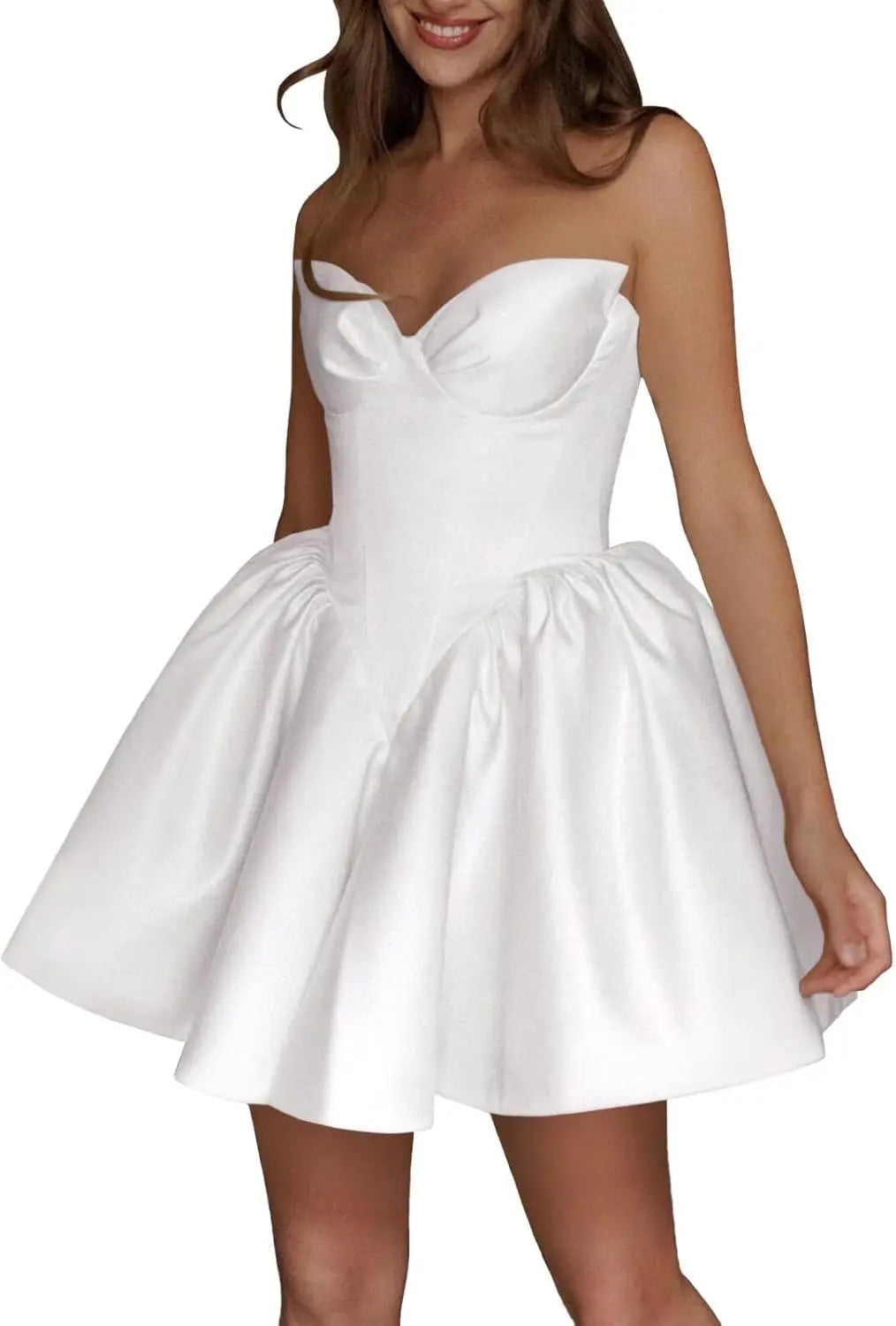 Kurze Brautkleider für die Braut, Strand, Spitzenapplikation, Tüll, trägerlos, Boho-Korsett, Mini-Brautkleid, Satin-Brautkleid mit Ärmeln 