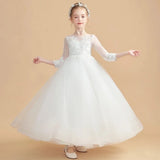 2025 Birthday Party Holy Communion Gowns Flower Girl Dresses White Tulle Flory Appliques 3/4 Sleeve For Wedding