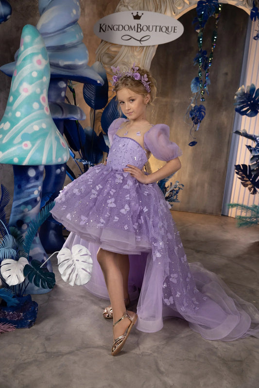 Länge Kinder Geburtstag Party Erste Heilige Kommunion Kleid Lila Blumenmädchen Kleider für Hochzeit 3D Schmetterling 
