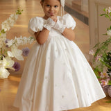 Vestido de desfile para boda, de satén con cuentas, largo hasta los tobillos, estilo princesa, para fiesta de cumpleaños, primera comunión, blanco, para niña de las flores 