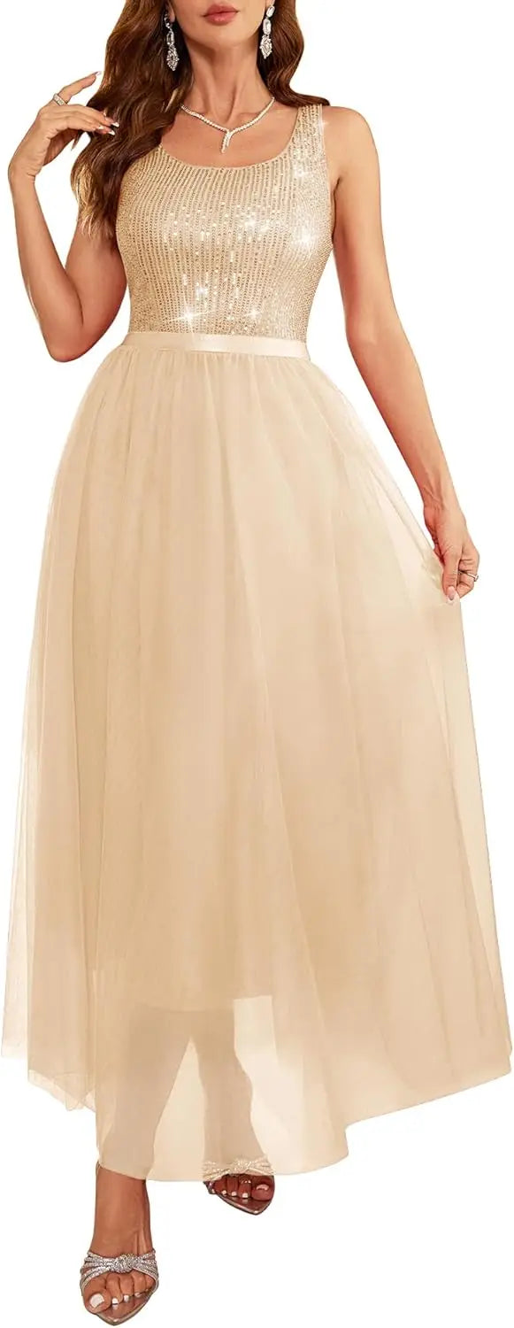 Sequin Dress for Woman Vintage A Line Wedding Formal Swing Mesh Prom Dress Sleeveless Cocktail Maxi Gowns