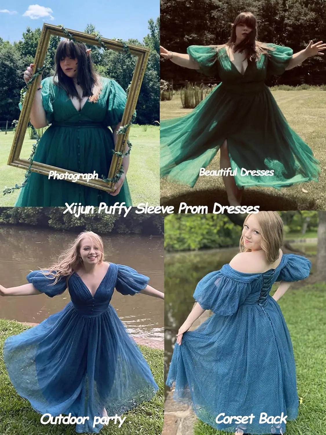 Puffy Sleeve Prom Dresses for Women Dotted Tulle V Neck Formal Evening Party Gowns Tea Length Bridesmaid Dresses