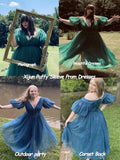 Puffy Sleeve Prom Dresses for Women Dotted Tulle V Neck Formal Evening Party Gowns Tea Length Bridesmaid Dresses