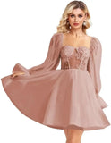 Langärmliges Tüll-Heimkehrkleid, kurzes Brautkleid, herzförmiger Ausschnitt, Spitzenapplikation, Ballkleider für Teenager, Cocktailkleid 