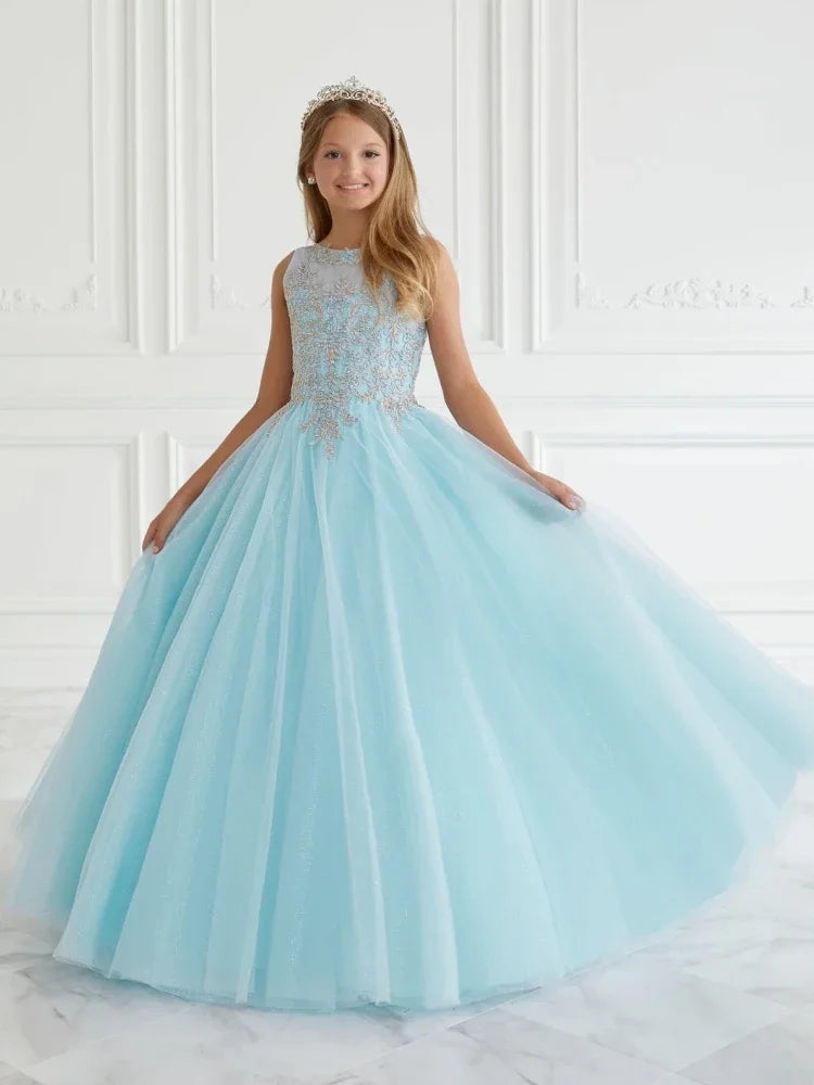 Vestidos de tul rosa con apliques dorados y esponjosos sin mangas para bodas, fiestas de cumpleaños, banquetes, comuniones y niñas de las flores. 