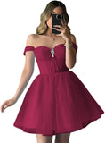 Vestidos de fiesta de tul brillante con hombros descubiertos, vestidos de fiesta cortos para adolescentes, vestido de cóctel de corte A con escote en forma de corazón y vuelo. 