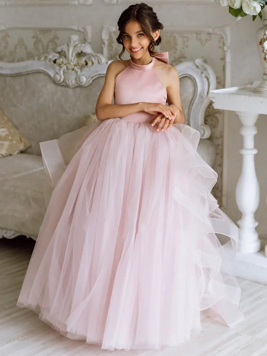 Vestidos de tul rosa con capas, lazo y cola, sin mangas, para bodas, cumpleaños, primera comunión, niñas de las flores 