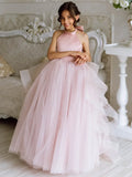 Vestidos de tul rosa con capas, lazo y cola, sin mangas, para bodas, cumpleaños, primera comunión, niñas de las flores 