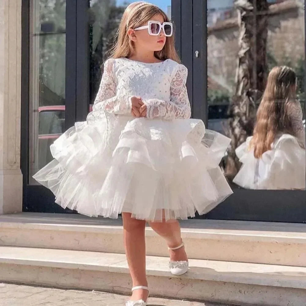 Knielanges Kleid mit Schleife und Spitze für Kindergeburtstage, Erstkommunion, individuelles elfenbeinfarbenes Blumenmädchenkleid, Festzugskleid für Hochzeit 