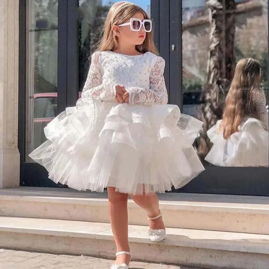 Bow Lace Knee Length Kids Birthday Party First Holy Communion Gown Customized Ivory Flower Girl Dress Pageant Gown for Wedding