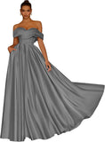 Damen Schulterfreies Satin-Ballkleid, lang, V-Ausschnitt, A-Linie, formelles Abendkleid mit Taschen, Ballkleid 
