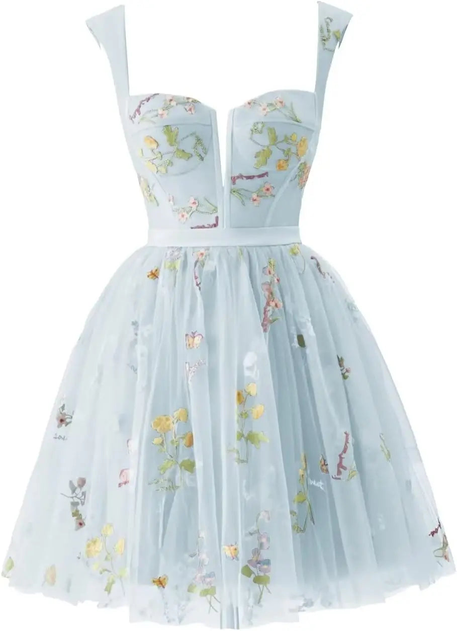 Flower Embroidery Short Tulle Homecoming Dresses for Teens Corset Mini Prom Dress Fairy Formal Party Gown Junior Bridesmaid Gown