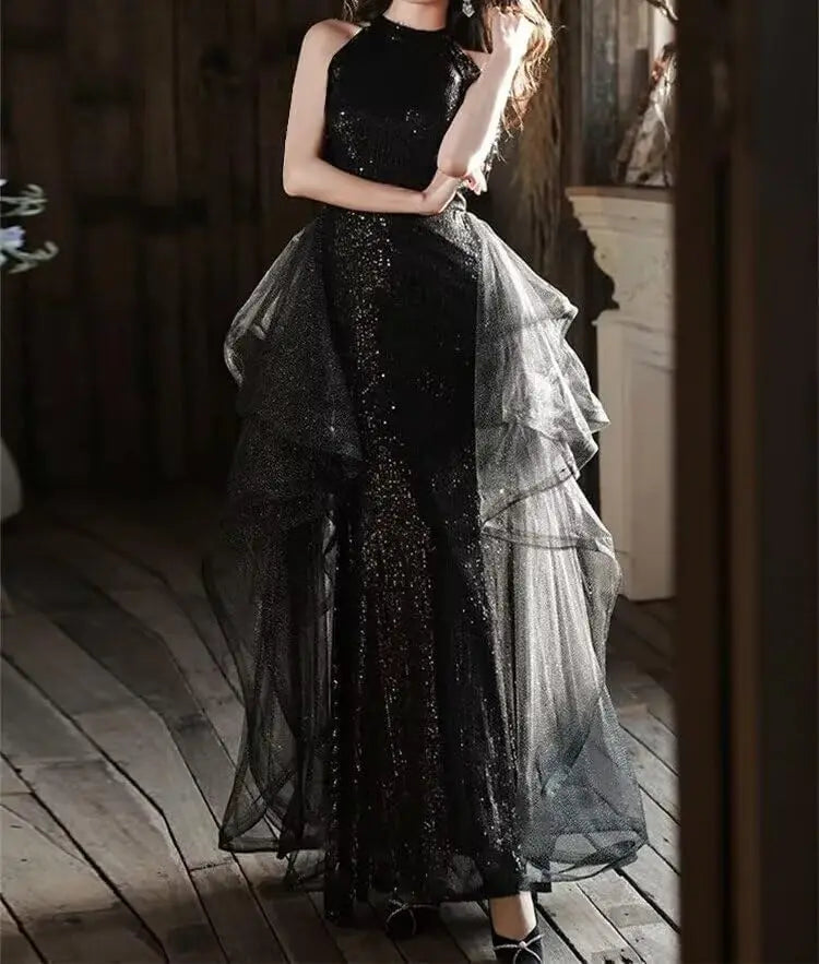 Vestidos de fiesta con lentejuelas y cuello halter, hechos a medida, con capa, 2025, de tul brillante, con abertura en forma de A, para boda, noche y fiesta. 