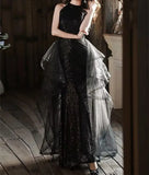 Vestidos de fiesta con lentejuelas y cuello halter, hechos a medida, con capa, 2025, de tul brillante, con abertura en forma de A, para boda, noche y fiesta. 