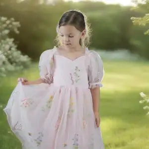 Flower Girl Dress Fairy First Birthday Light Pink Toddler floral Wildflower Birthday Dress Baby Flower Girl Short Sleeve