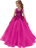 Festzugskleider für Mädchen, Spitzenapplikation, Blumenmädchenkleid, Tüll, Festzugskleid für Mädchen, lang, ärmellos, Prinzessinnen-Party-Ballkleid 