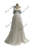 Spitzenhochzeitskleider Gepunktetes Tüll Hochzeitskleid nach Maß Schlitz Brautkleid Strand Schulterfrei schlichtes Hochzeitskleid 