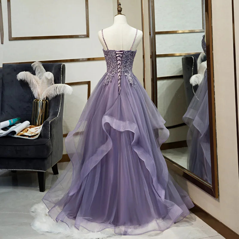 2027 Elegant Club Banquet Purple Strap Prom Dress Vocal Art Exam Senxi Colorful Silk Fairy Air Silk Dress Hosting Evening Dress