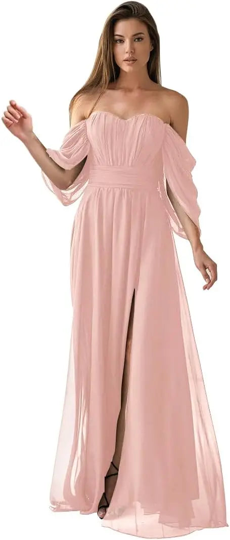 Vestido de dama de honor de talla grande con hombros descubiertos, de gasa, formal, con abertura, elegante, para invitada de boda 