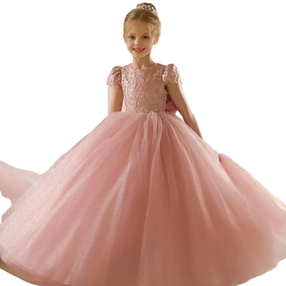 Flower Girls Lace Cap Sleeve Dress for Wedding Puffy Tulle Back V-Neck Pageant Prom Ball Gown with Bow princess dress